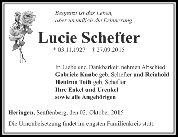 Traueranzeige von Lucie Schefter von Thüringer Allgemeine
