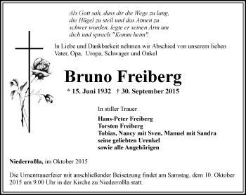 Traueranzeige von Bruno Freiberg von Thüringer Allgemeine, Thüringische Landeszeitung