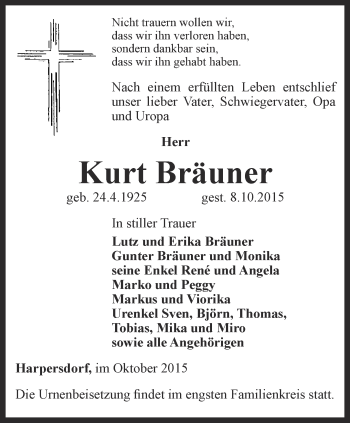 Traueranzeige von Kurt Bräuner von Ostthüringer Zeitung