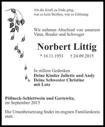 Traueranzeige von Norbert Littig von Ostthüringer Zeitung