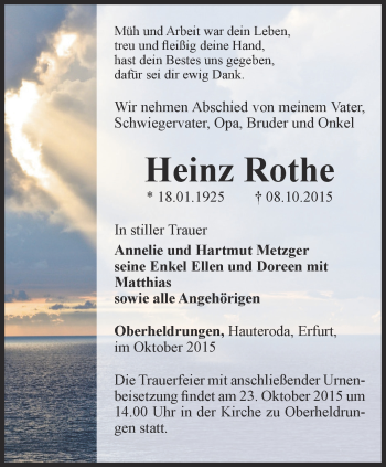 Traueranzeige von Heinz Roth von Thüringer Allgemeine