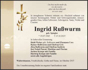 Traueranzeige von Ingrid Rußwurm von Ostthüringer Zeitung, Thüringische Landeszeitung