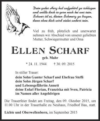 Traueranzeige von Ellen Scharf von Ostthüringer Zeitung