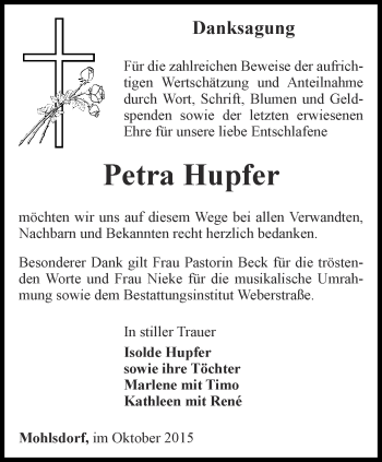 Traueranzeige von Petra Hupfer von Ostthüringer Zeitung