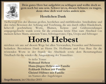 Traueranzeige von Horst Hebest von Thüringer Allgemeine