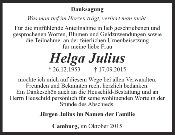Traueranzeige von Helga Julius von Ostthüringer Zeitung, Thüringische Landeszeitung