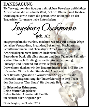 Traueranzeige von Ingeborg Oschmann von Ostthüringer Zeitung, Thüringische Landeszeitung