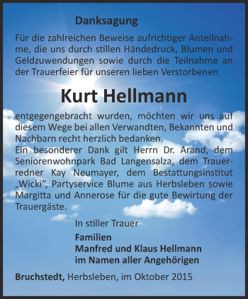 Traueranzeige von Kurt Hellmann von Thüringer Allgemeine, Thüringische Landeszeitung