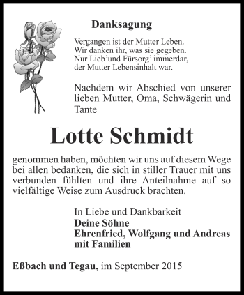 Traueranzeige von Lotte Schmidt von Ostthüringer Zeitung