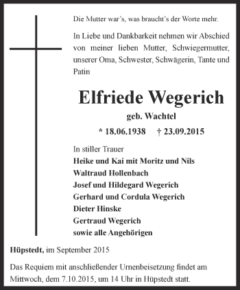 Traueranzeige von Elfriede Wegerich von Thüringer Allgemeine, Thüringische Landeszeitung