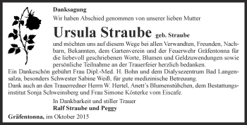 Traueranzeige von Ursula Straube von Thüringer Allgemeine, Thüringische Landeszeitung