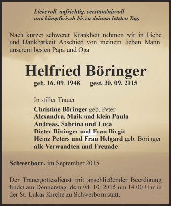 Traueranzeige von Helfried Böringer von Thüringer Allgemeine, Thüringische Landeszeitung