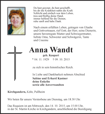 Traueranzeige von Anna Wandt von Thüringer Allgemeine