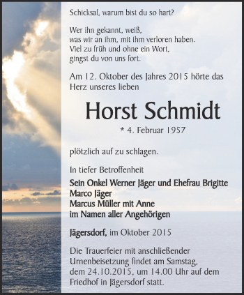 Traueranzeige von Horst Schmidt von Ostthüringer Zeitung, Thüringische Landeszeitung