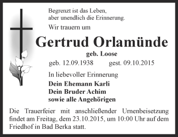 Traueranzeige von Gertrud Orlamünde von Thüringer Allgemeine, Thüringische Landeszeitung