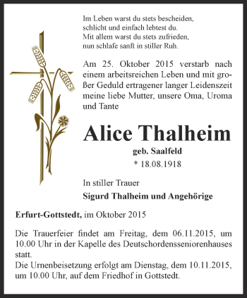 Traueranzeige von Alice Thalheim von Thüringer Allgemeine, Thüringische Landeszeitung