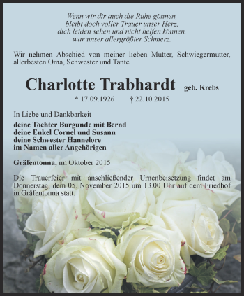 Traueranzeige von Charlotte Trabhardt von Thüringer Allgemeine, Thüringische Landeszeitung