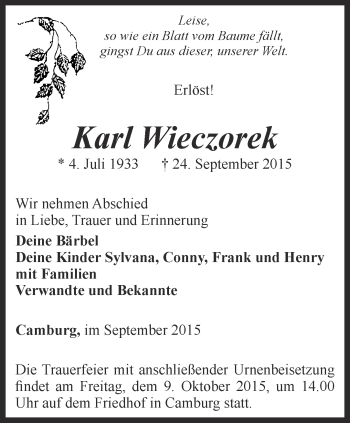 Traueranzeige von Karl Wieczorek von Ostthüringer Zeitung, Thüringische Landeszeitung