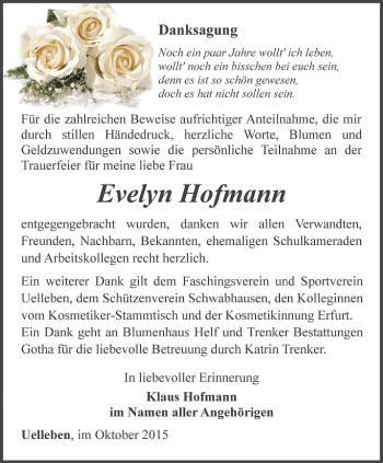 Traueranzeige von Evelyn Hofmann von Ostthüringer Zeitung, Thüringische Landeszeitung