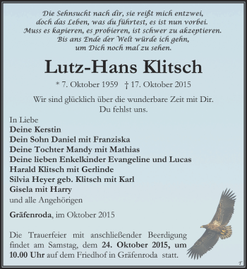 Traueranzeige von Lutz-Hans Klitsch von Thüringer Allgemeine