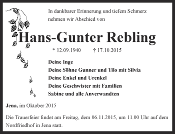 Traueranzeige von Hans-Gunter Rebling von Ostthüringer Zeitung, Thüringische Landeszeitung