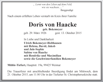 Traueranzeige von Doris von Haacke von Thüringer Allgemeine, Thüringische Landeszeitung