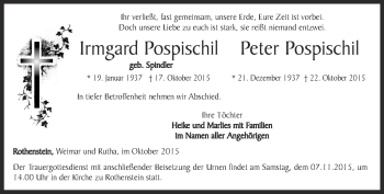 Traueranzeige von Irmgard Pospischil von Ostthüringer Zeitung, Thüringische Landeszeitung