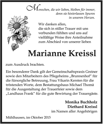 Traueranzeige von Marianne Kreissl von Thüringer Allgemeine, Thüringische Landeszeitung