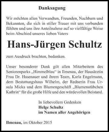 Traueranzeige von Hans-Jürgen Schultz von Thüringer Allgemeine