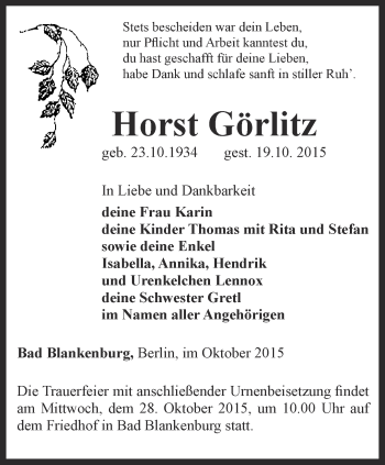 Traueranzeige von Horst Görlitz von Ostthüringer Zeitung
