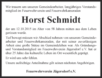 Traueranzeige von Horst Schmidt von Ostthüringer Zeitung, Thüringische Landeszeitung