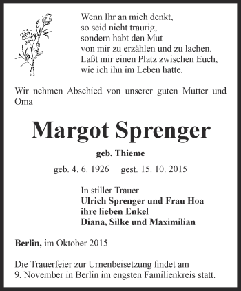 Traueranzeige von Margot Sprenger von Ostthüringer Zeitung