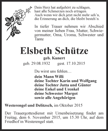 Traueranzeige von Elsbeth Schütze von Thüringer Allgemeine
