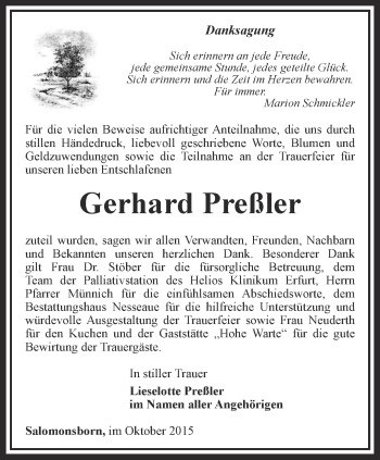 Traueranzeige von Gerhard Preßler von Thüringer Allgemeine, Thüringische Landeszeitung