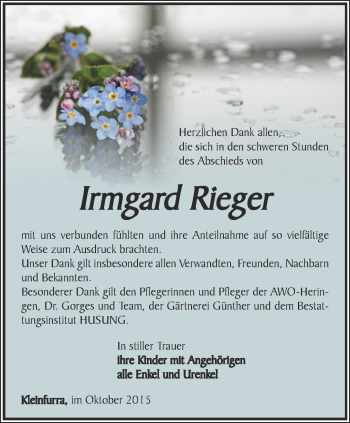 Traueranzeige von Irmgard Rieger von Thüringer Allgemeine