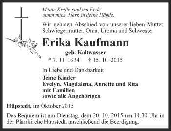 Traueranzeige von Erika Kaufmann von Thüringer Allgemeine, Thüringische Landeszeitung