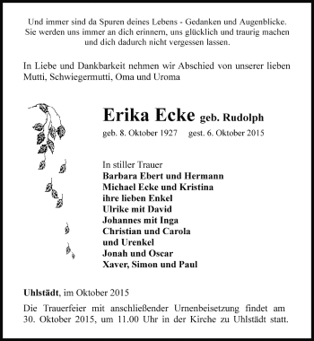 Traueranzeige von Erika Ecke von Ostthüringer Zeitung