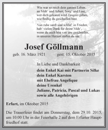 Traueranzeige von Josef Göllmann von Thüringer Allgemeine, Thüringische Landeszeitung