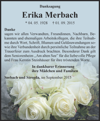 Traueranzeige von Erika Merbach von Thüringer Allgemeine, Thüringische Landeszeitung