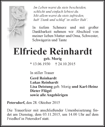 Traueranzeige von Elfriede Reinhardt von Thüringer Allgemeine