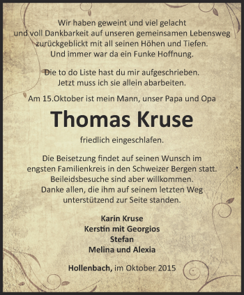 Traueranzeige von Thomas Kruse von Thüringer Allgemeine, Thüringische Landeszeitung