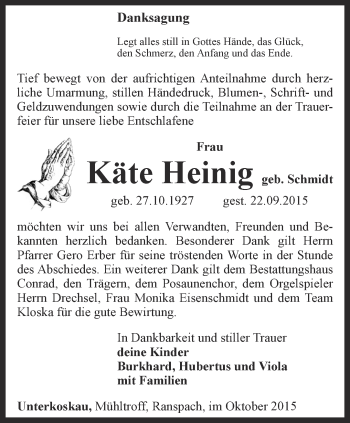 Traueranzeige von Käte Heinig von Ostthüringer Zeitung