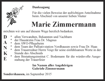 Traueranzeige von Marie Zimmermann von Thüringer Allgemeine