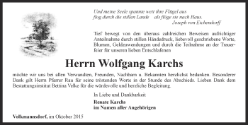 Traueranzeige von Wolfgang Karchs von Ostthüringer Zeitung