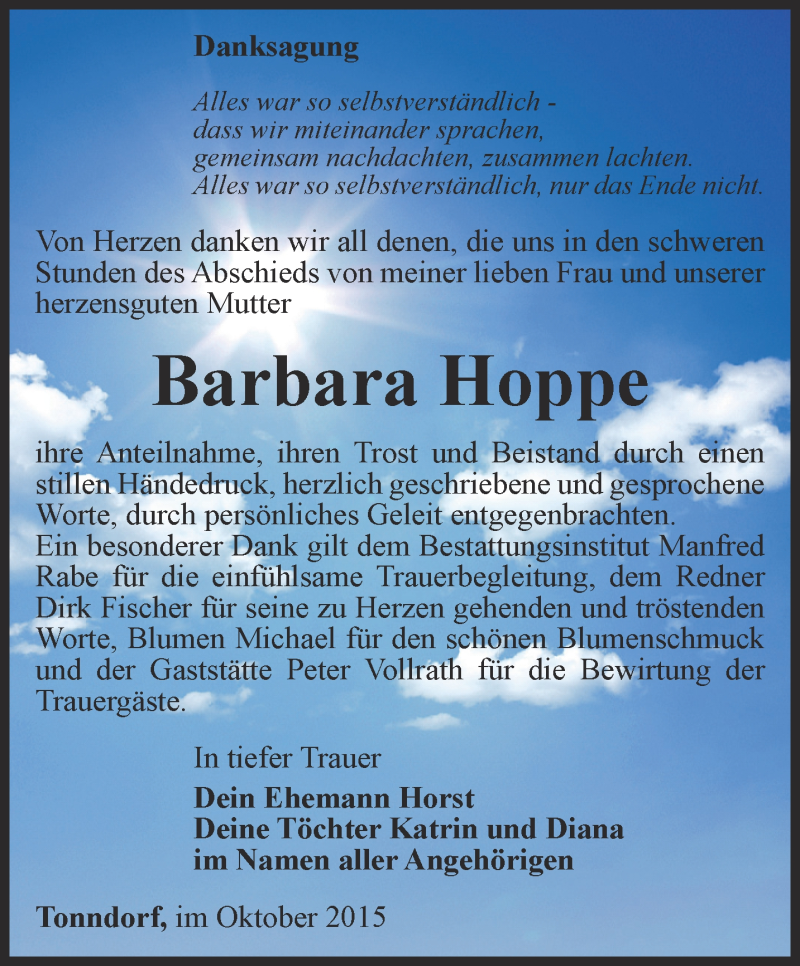  Traueranzeige für Barbara Hoppe vom 02.10.2015 aus Thüringer Allgemeine, Thüringische Landeszeitung