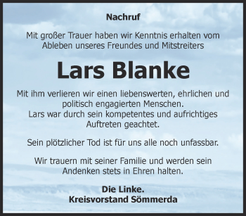 Traueranzeige von Lars Blanke von Thüringer Allgemeine