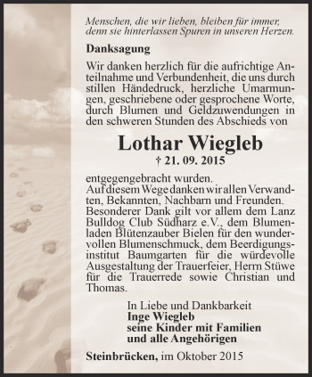 Traueranzeige von Lothar Wiegleb von Thüringer Allgemeine