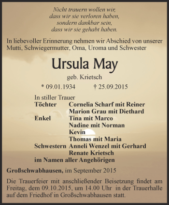 Traueranzeige von Ursula May von Thüringer Allgemeine, Thüringische Landeszeitung