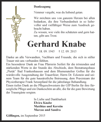 Traueranzeige von Gerhard Knabe von Thüringer Allgemeine