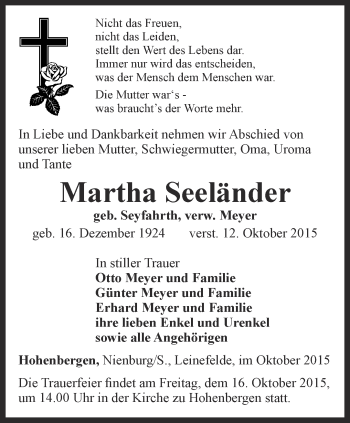 Traueranzeige von Martha Seeländer von Thüringer Allgemeine, Thüringische Landeszeitung